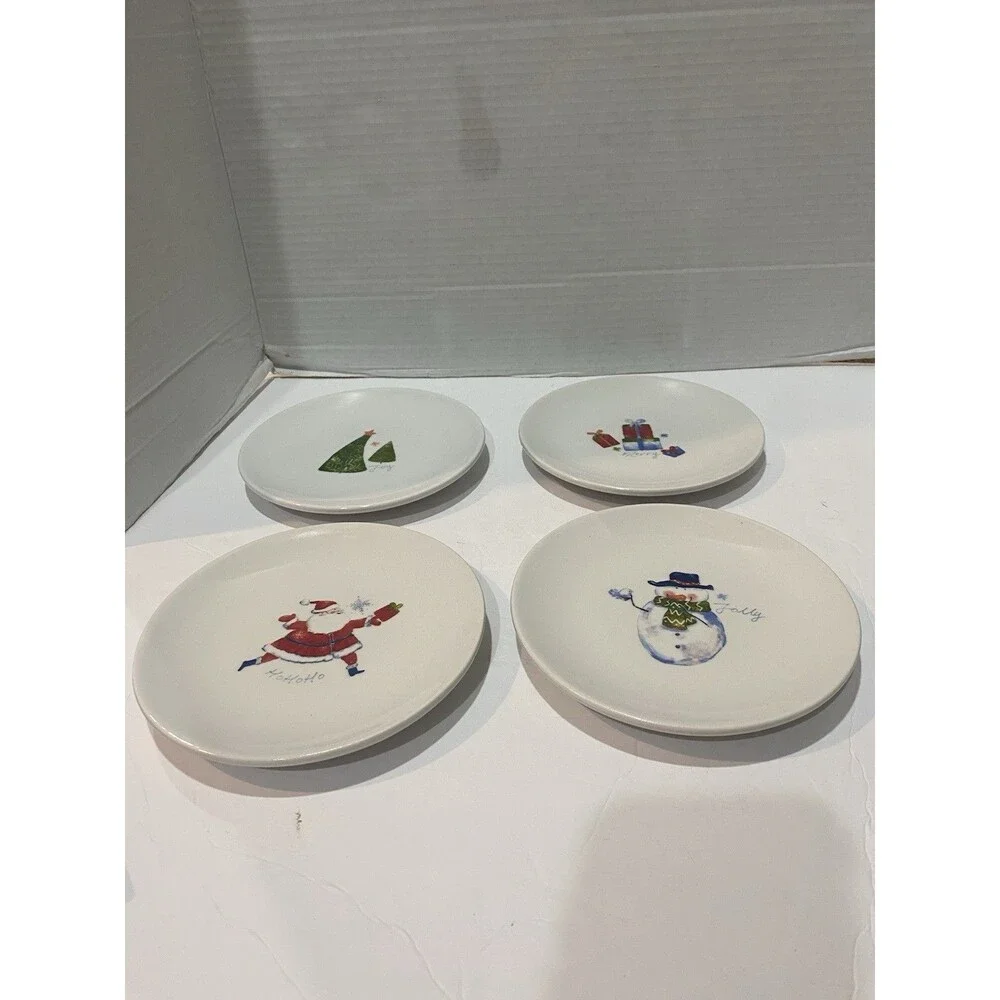 Pier 1 Imports Holiday Appetizer Plates Set Four EUC Christmas Santa Snowman